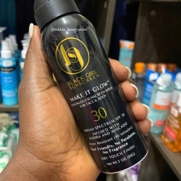 Black girl sunscreen make it glow sunscreen spray