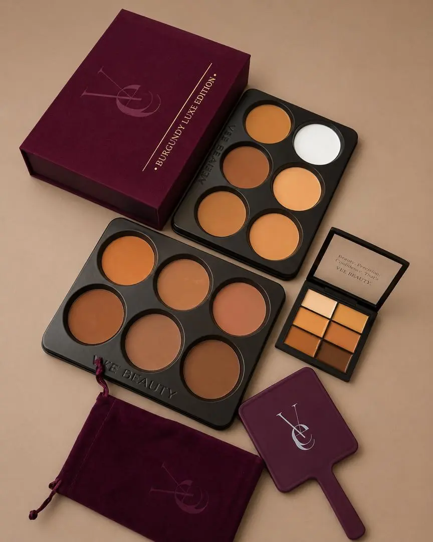 7231e2fa-a142-42e4-b052-0e31b1b0f06a Vee Beauty 12 IN 1 (2 x 6 in 1 palettes) Burgundy Luxe Powder Palette | concealer palette | mirror | highlight | contour | bronzer - Image 1